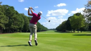 Professional golfer mid-swing on manicured fairway with trees and blue sky, demonstrating proper form and balance during golf stroke execution