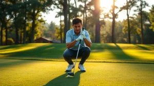 Golfer at address position on lush fairway, hands positioned correctly on club, focused expression, morning sunlight filtering through trees