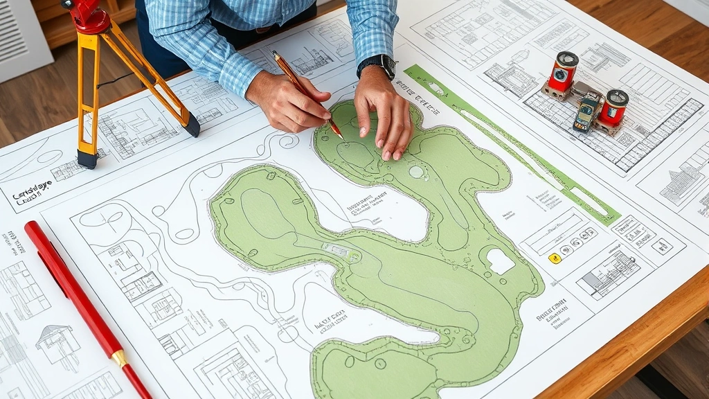 Professional landscape architect reviewing detailed topographical maps and golf course layout plans on a large table with surveying instruments, surrounded by design documents and elevation drawings