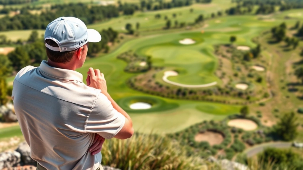 Golfer analyzing course layout from elevated tee box, studying terrain and hazards before shot selection in natural daylight setting