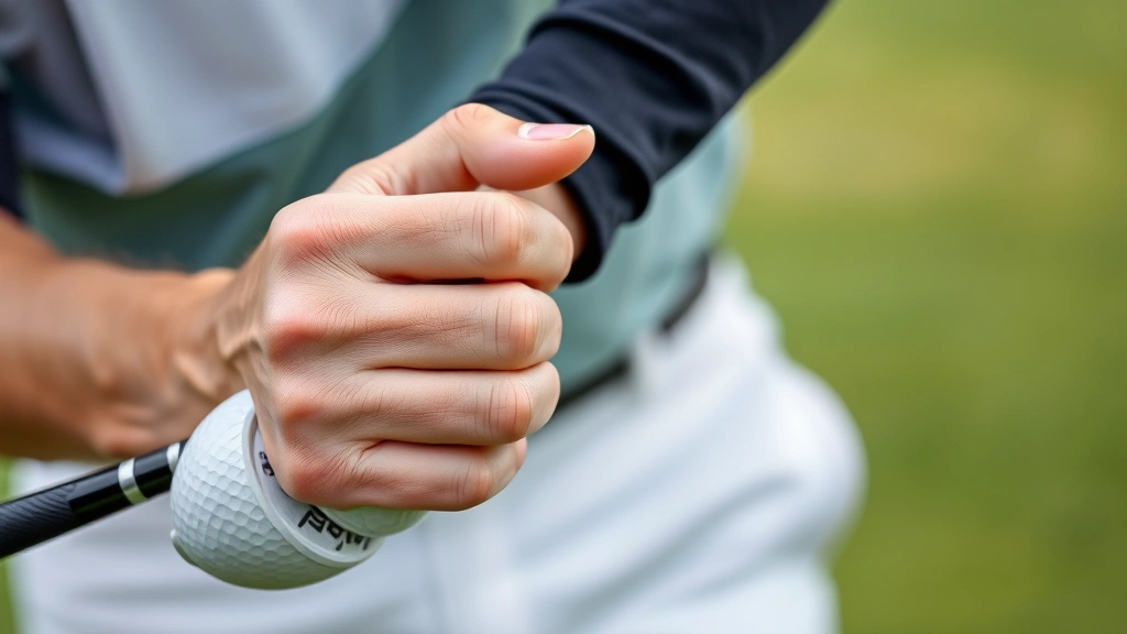 Close-up of a golfer's hands demonstrating grip technique on a golf club, with clear hand positioning against blurred green course background