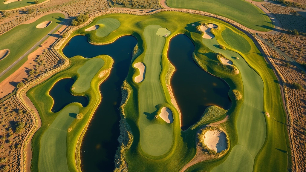 Aerial view of a beautifully designed golf course showing multiple holes with strategic water features, native vegetation, varied terrain elevations, and maintained fairways creating distinct playing areas