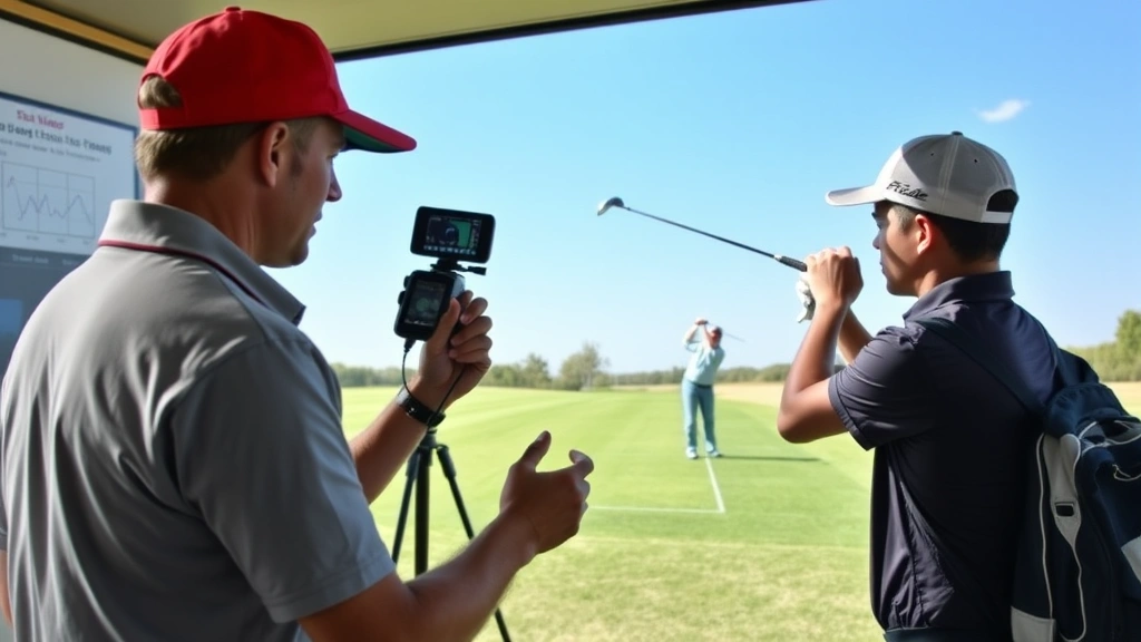 Golf instructor providing feedback to student using launch monitor technology, reviewing ball flight data and swing metrics on display screen