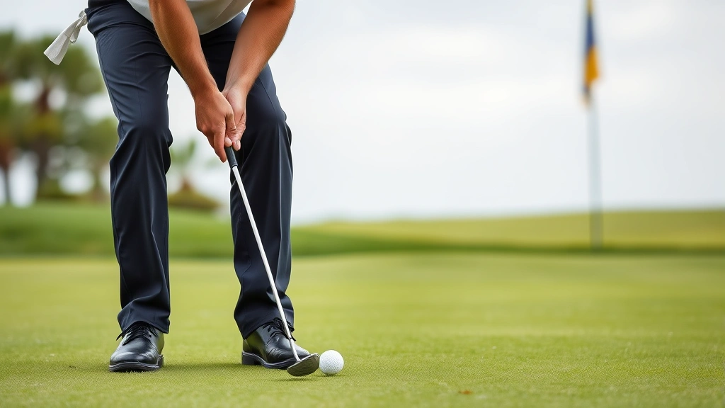 Golfer in follow-through position on putting green, demonstrating balanced finish after stroking putt, manicured grass and flag visible in background