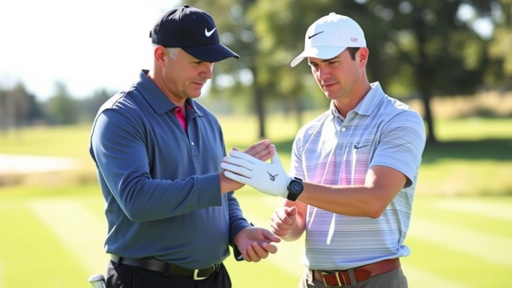 Instructor demonstrating proper golf grip and hand positioning to a beginner student at an outdoor practice facility, both wearing golf attire, bright natural lighting showing clear hand details