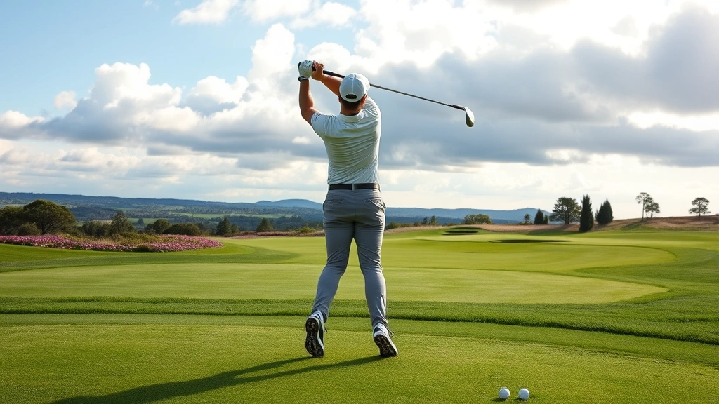 Golfer mid-swing on a beautiful course with manicured fairways, demonstrating proper posture and stance, professional photography capturing the athletic motion and course landscape