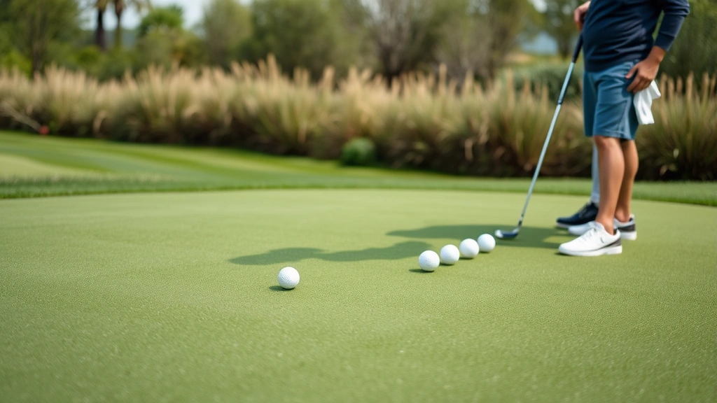 Putting green practice session with golfer concentrating on short putt, practice balls arranged in sequence, instructor observing in background, natural outdoor setting with well-maintained grass