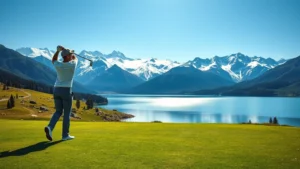 Professional golfer mid-swing on pristine fairway with snow-capped Sierra Nevada mountains in background, clear alpine lake visible, morning sunlight illuminating landscape, vibrant green grass