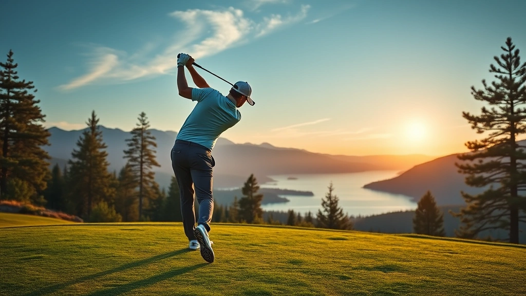 Golfer mid-swing on scenic mountain course with pine trees and lake vista in background during golden hour sunlight, professional form captured