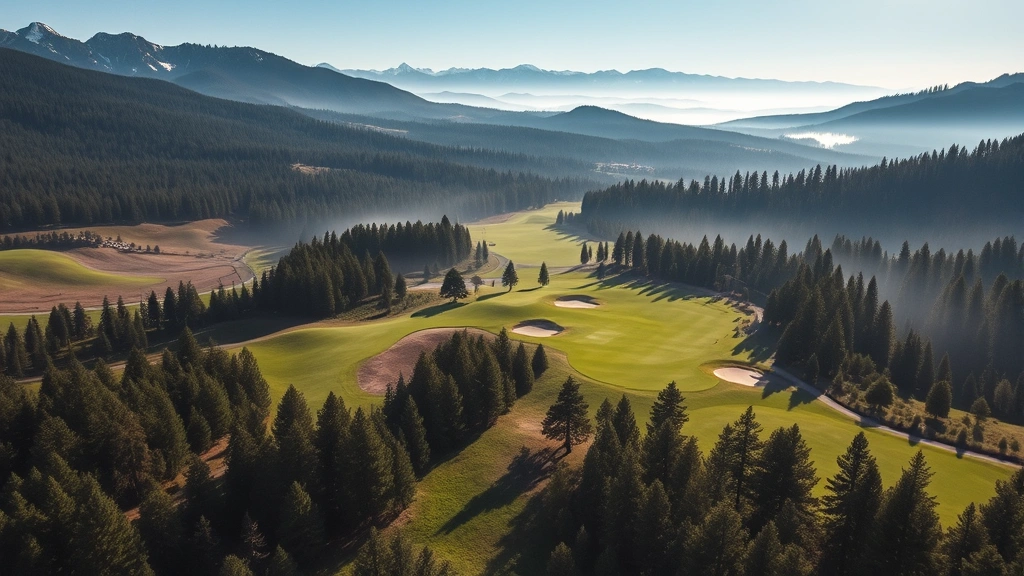 Aerial view of pristine golf fairway winding through Sierra Nevada forest with snow-capped peaks visible on distant horizon, morning mist