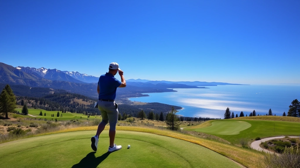 Golfer addressing ball on elevated tee box with panoramic mountain vista, Lake Tahoe sparkling in distance, fairway descending through alpine meadow, clear blue sky, professional course maintenance visible