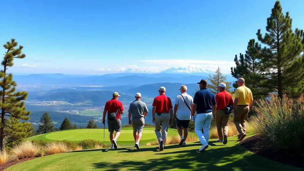 Group of diverse golfers walking toward green on elevated mountain course with panoramic valley views and clear blue sky above