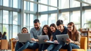 Diverse group of college students studying together in a bright, modern campus library with natural light streaming through large windows, focused on laptops and notebooks, representing collaborative learning and academic planning