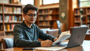 Student sitting at library desk reviewing course materials and transcripts, laptop open with academic planning tools, natural window lighting, focused expression on face