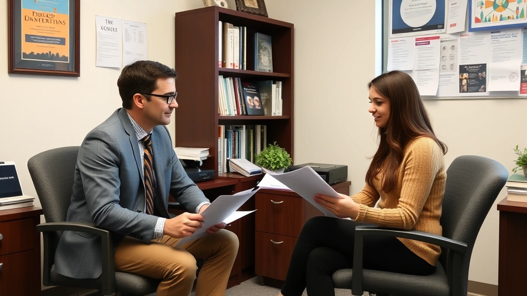 Academic advisor in office meeting with transfer student, reviewing documents and degree requirements, warm professional environment with educational materials visible on walls