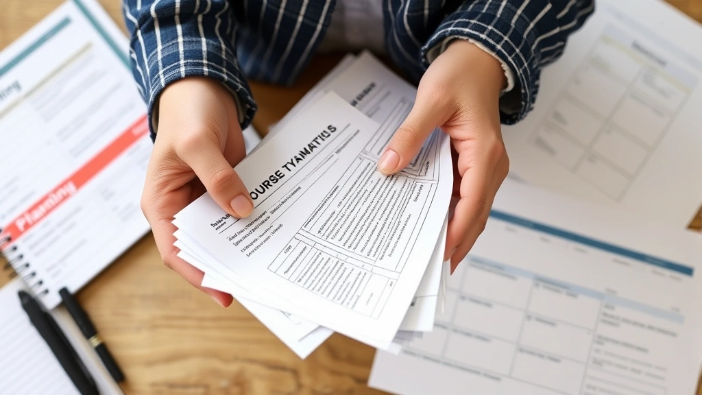 Close-up of hands holding transcript documents and course syllabus materials, organized on desk with planning calendar, indicating academic preparation and organization