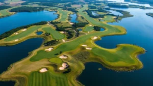 Aerial view of a beautiful golf course with water hazards, fairways, and bunkers in natural landscape, showing course layout and strategic positioning