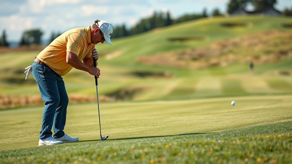 Golfer analyzing green contours and slope before putting, studying terrain carefully to read break lines on course