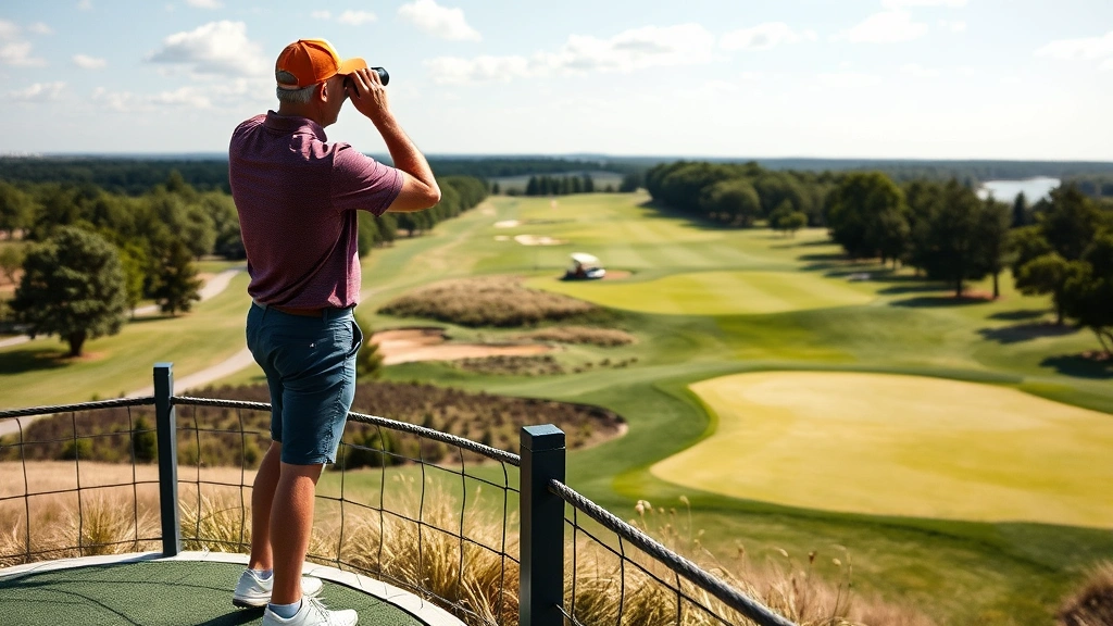 Golfer standing on elevated tee box analyzing fairway with binoculars, studying wind patterns and hazard placement, professional golf course background
