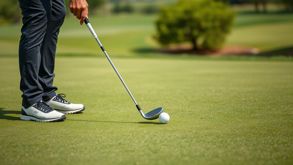 Close-up of golfer executing approach shot with iron club on manicured green, demonstrating proper form and concentration during competitive play