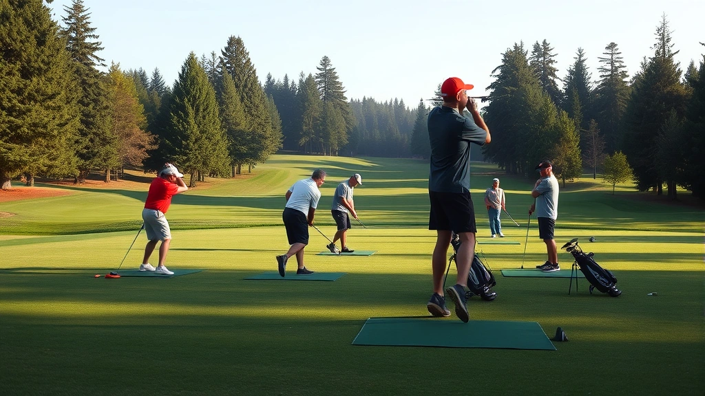 Golfers practicing on a well-maintained driving range with green fairways and trees in background, morning light, peaceful Pacific Northwest setting, multiple golfers of different ages