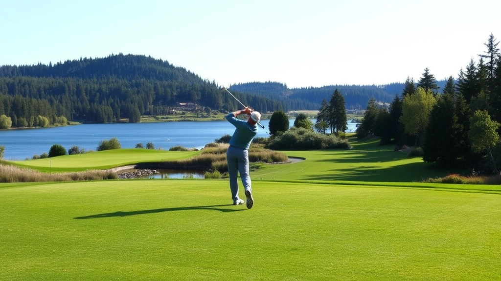 Golfer mid-swing on a beautiful Pacific Northwest golf course with lush green fairway, water hazard visible in background, natural landscape with trees and hills