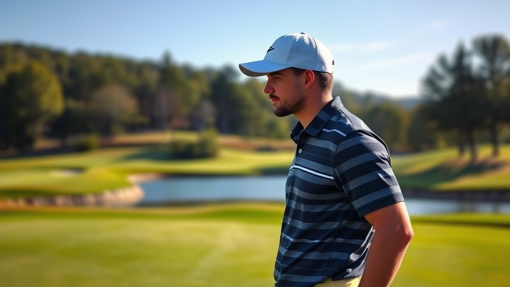 Golfer at address position on a scenic golf course with water hazard visible in background, morning light, focused expression