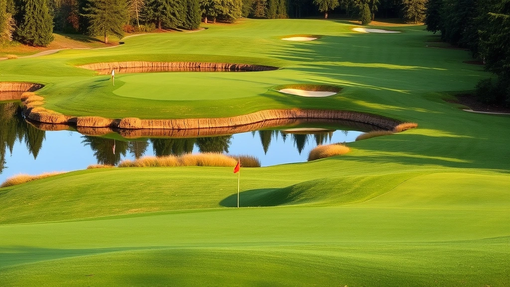 Scenic golf hole with water hazard reflecting trees, undulating green with bunkers, manicured fairway leading away, natural landscaping, Washington state landscape