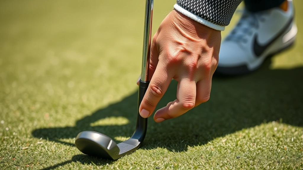 Close-up of golfer's hands gripping putter on undulating green with shadow patterns, focused concentration expression, professional golf course maintenance visible