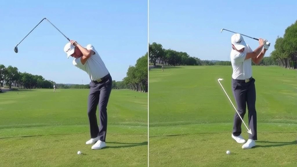 Golfer executing follow-through with complete rotation, weight transferred forward, club wrapped around body after impact, demonstrating proper swing sequence and finishing position