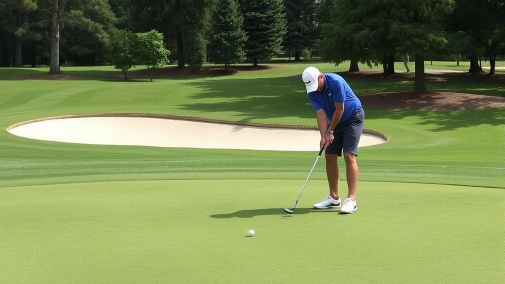 Golfer practicing short game shots on well-maintained chipping green with bunker visible, demonstrating focused deliberate practice technique with multiple balls
