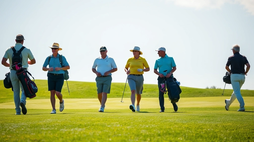 Golfers walking on fairway with golf bags, conversing and enjoying round together, green grass and clear sky, varied ages and skill levels, inclusive community atmosphere
