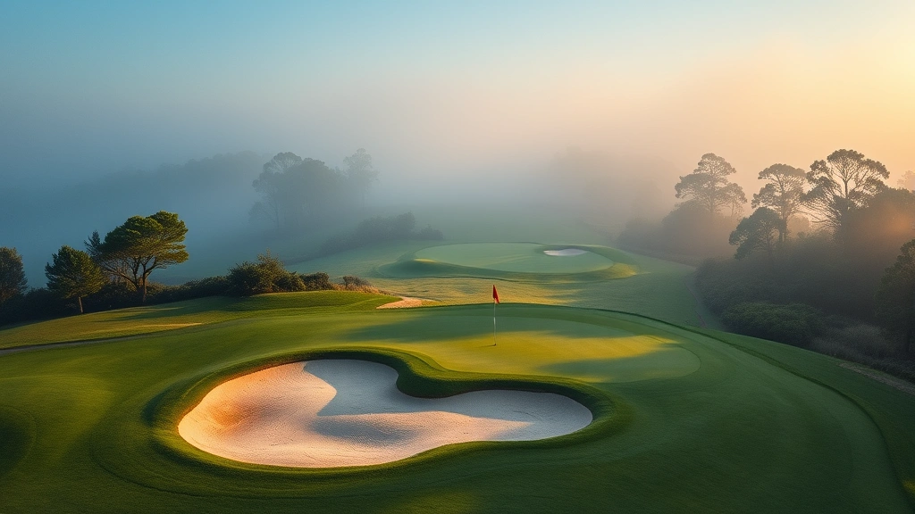 Wide aerial view of golf course hole with strategic bunker placement, water feature, and fairway leading to distant green, morning mist over trees in background