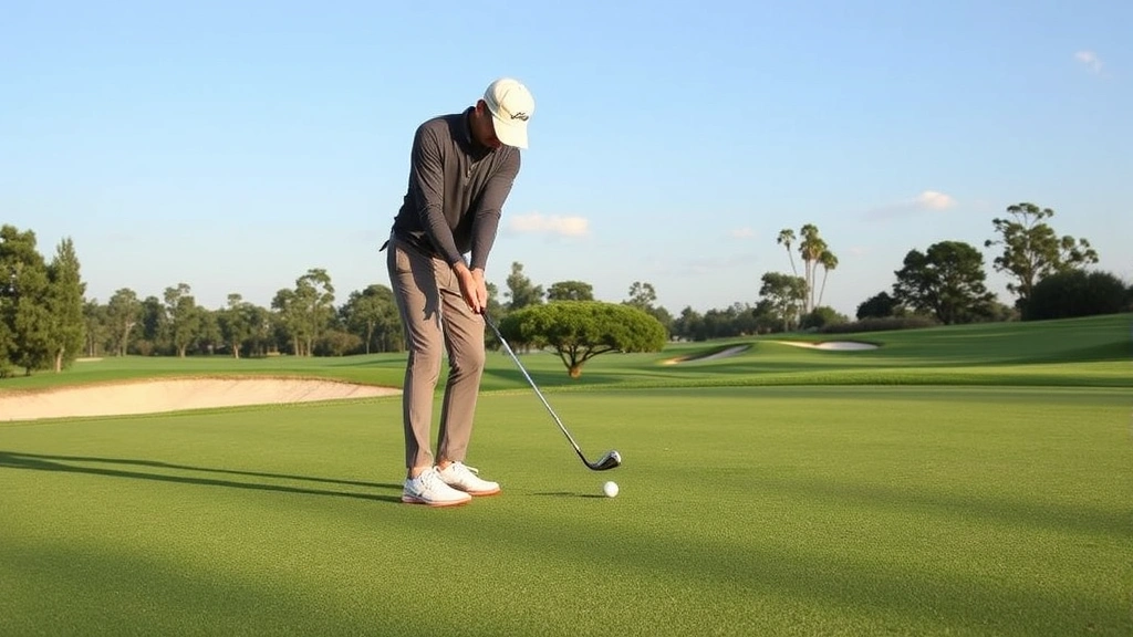 Golfer practicing short game near green, executing chip shot with precise contact and controlled motion, showing proper short game technique and touch around greens
