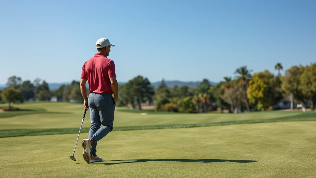 Golfer walking fairway during round, reviewing strategy while studying upcoming hole, natural course landscape, confident posture