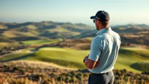 Professional golfer studying course layout on rolling hills terrain, examining fairway and green positioning from elevated vantage point, morning sunlight casting shadows across undulating landscape