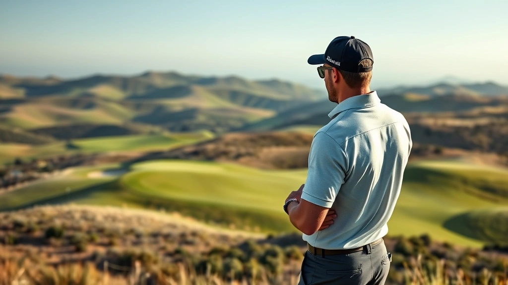 Professional golfer studying course layout on rolling hills terrain, examining fairway and green positioning from elevated vantage point, morning sunlight casting shadows across undulating landscape
