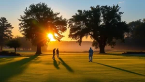 Golfers standing on a lush fairway at sunrise with trees framing both sides, morning dew visible on grass, peaceful Connecticut landscape in background, natural lighting
