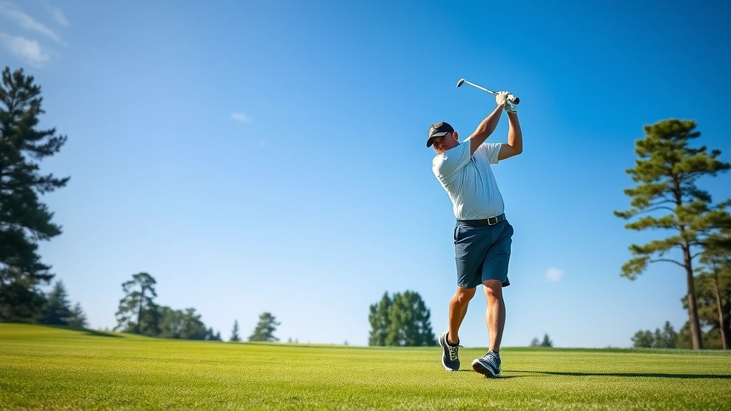 Golfer mid-swing on pristine fairway with trees and blue sky, focused expression, professional form, natural lighting