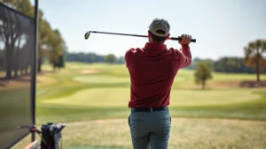 Adult golfer practicing full swing on driving range with natural sunlight, focused concentration, realistic golf course background without visible text