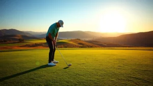 Professional golfer addressing the ball on a lush fairway with rolling hills in the background, morning sunlight creating shadows, focused concentration visible, pristine manicured grass