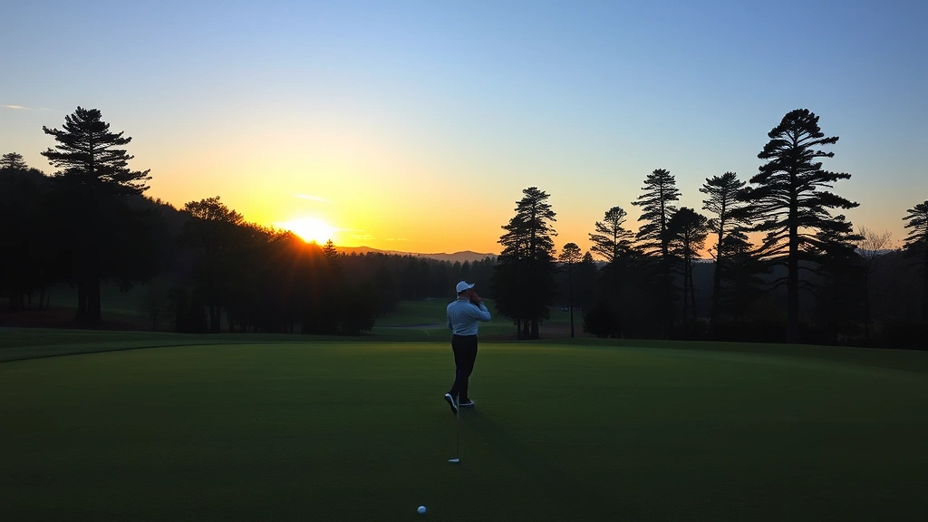 A golfer standing on a fairway at sunrise with trees and elevation changes visible, analyzing the course layout ahead