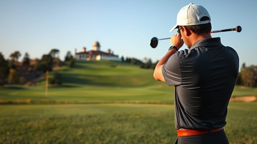 Golfer preparing approach shot on challenging uphill hole, analyzing distance and green slope, standing in fairway with golf course architecture visible in background, focused concentration