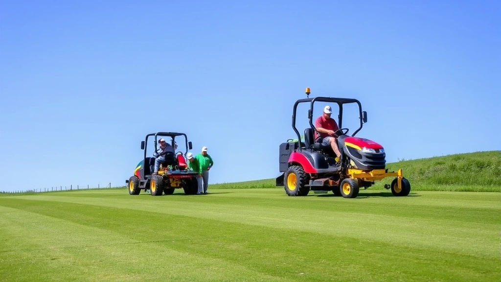 Golf course maintenance crew operating professional equipment on pristine green, showing dedication to course upkeep, workers in uniform, clear blue sky, natural setting