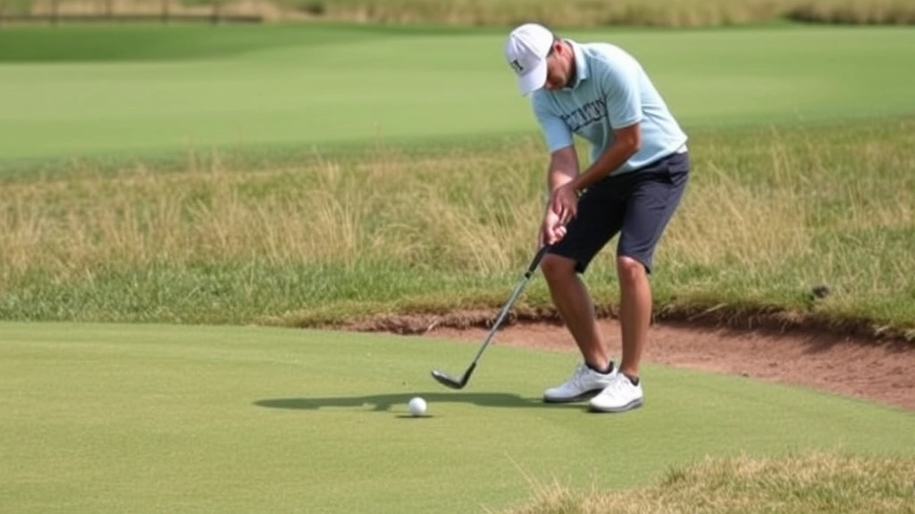 Golfer chipping near green from rough terrain, demonstrating short game technique with natural grass and fairway visible, professional instruction setting