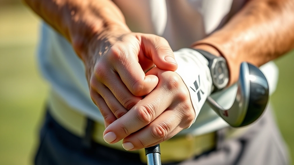 Close-up of golfer's hands demonstrating proper grip technique on golf club, professional form, natural lighting highlighting hand position and grip pressure details
