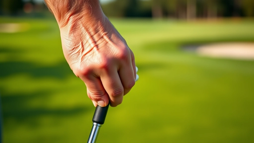 Close-up of a golfer's hands gripping a golf club with the fairway and green visible in soft focus background
