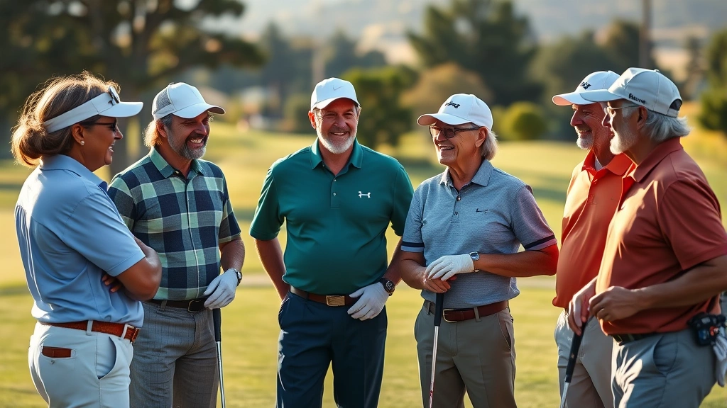 Group of diverse golfers of different ages enjoying a round together on a scenic hole, smiling and conversing, natural outdoor lighting, trees and landscape visible