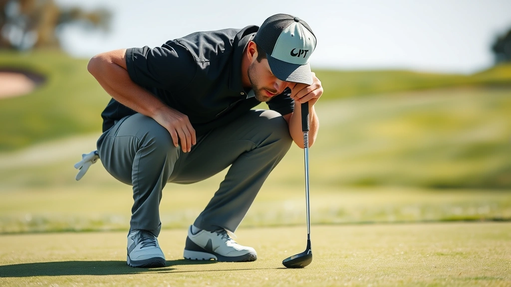 Golfer analyzing green topography while crouching near putting surface, concentration evident, manicured greens and pin visible