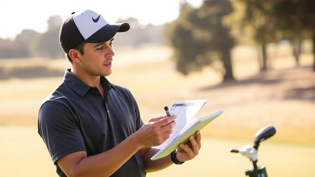 Golfer analyzing scorecard and taking notes during practice session, reviewing performance data with natural outdoor lighting, peaceful course environment